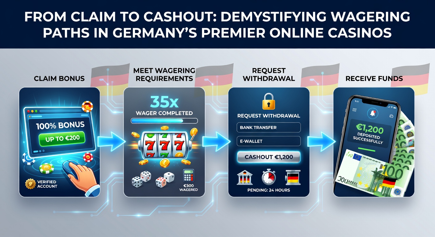 Grafik zeigt den Weg von Bonusanspruch bis Auszahlung in einem Online-Casino mit Schritten wie Einzahlung, Wetten und Cashout