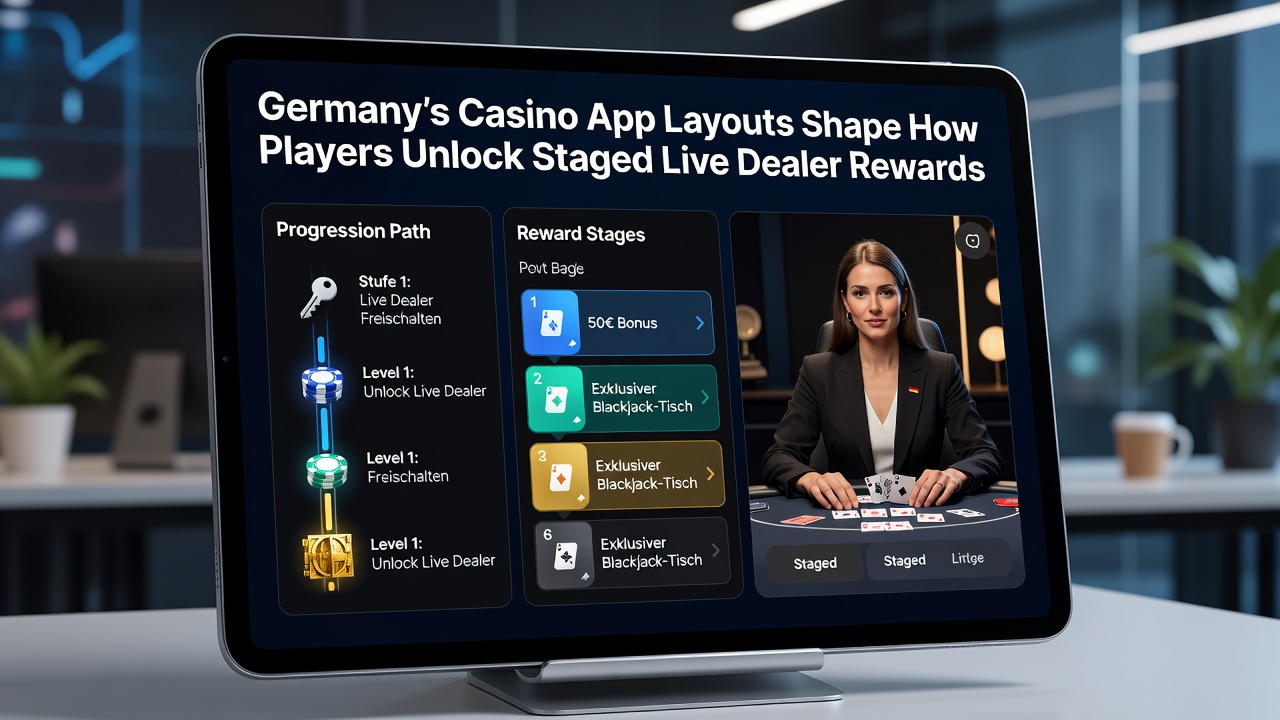 Darstellung eines deutschen Casino-App-Layouts mit gestaffelten Belohnungsstufen für Live-Dealer-Spiele