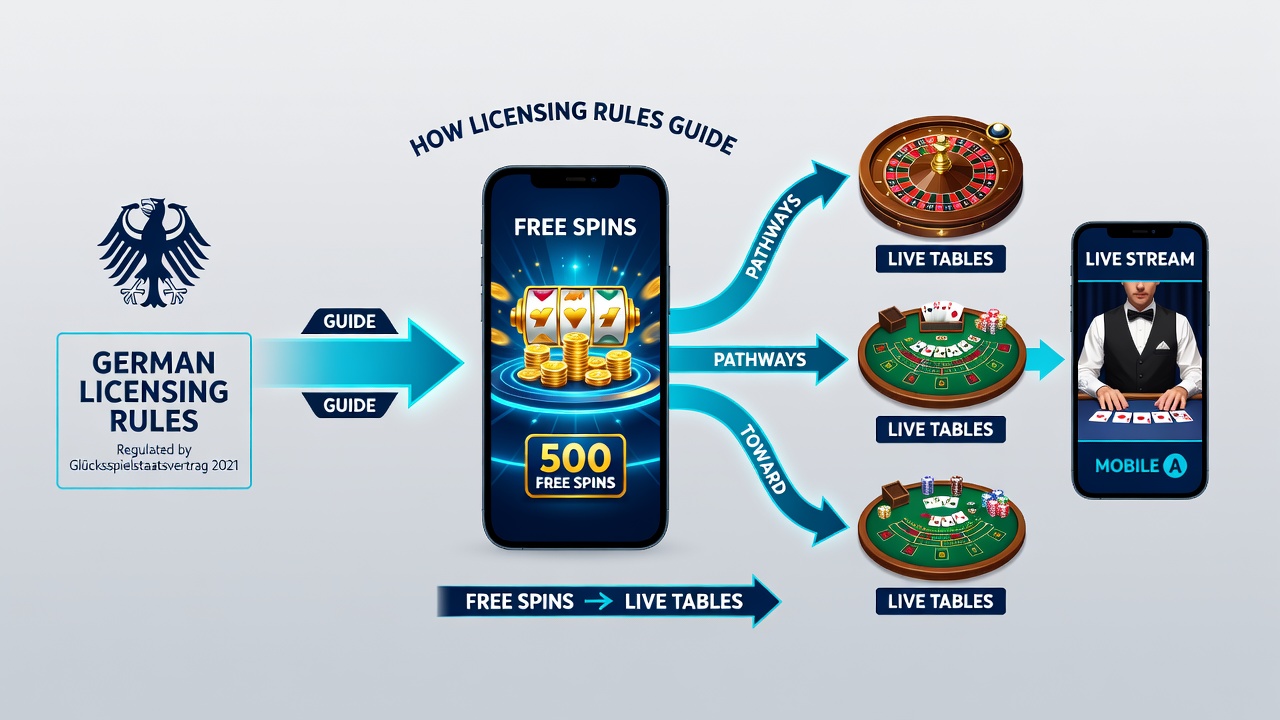 Mobile App-Oberfläche mit Übergang von Free Spins zu Live-Tischen