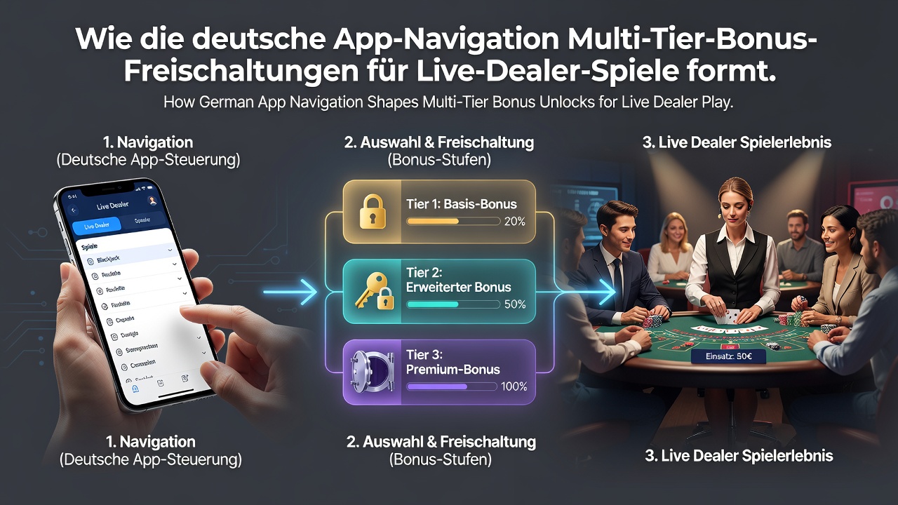 Navigationselemente in einer deutschen Casino-App mit gestaffelten Bonusstufen für Live-Dealer