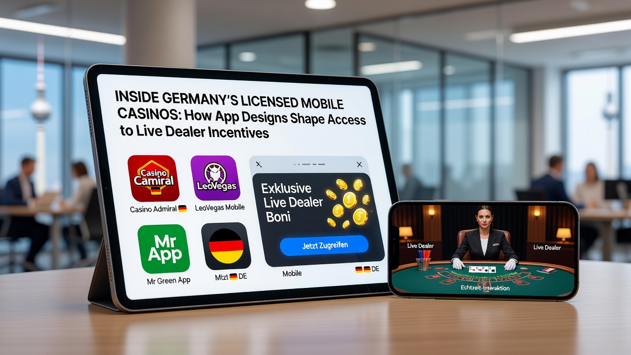 Darstellung einer deutschen mobilen Casino-App mit übersichtlichem Interface für Live-Dealer-Spiele und Bonus-Bereichen