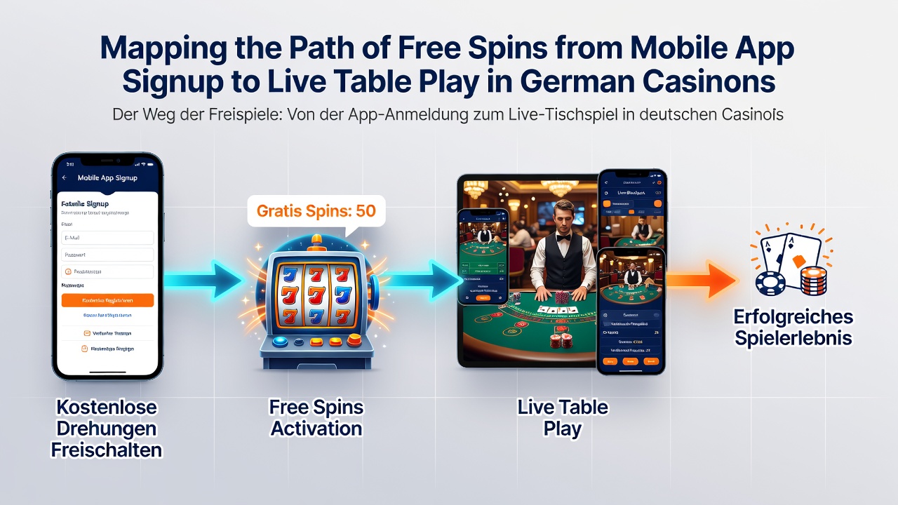 Visualisierung des Übergangs von Freispielen zu Live-Tisch-Spielen in einer deutschen Casino-App